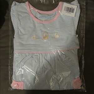 Itzy Bitsy Blue Striped Easter Motif Kids Dress with Pink Trim